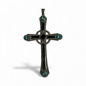 Sterling Silver Cross Onyx Peridot Amethyst Marcasite Pendent Necklace